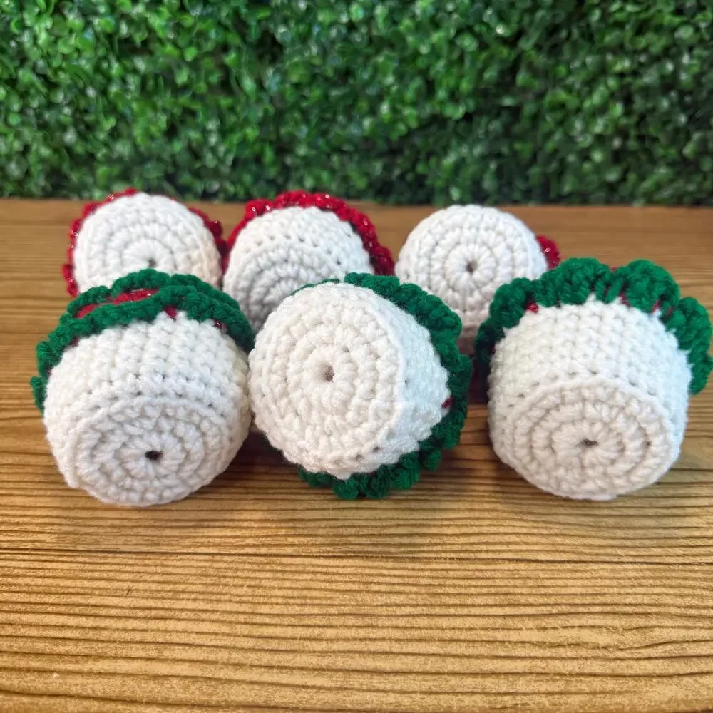 Bundle of 6 Handmade Crochet Christmas Red & Green Cupcake Holiday Decor Gift